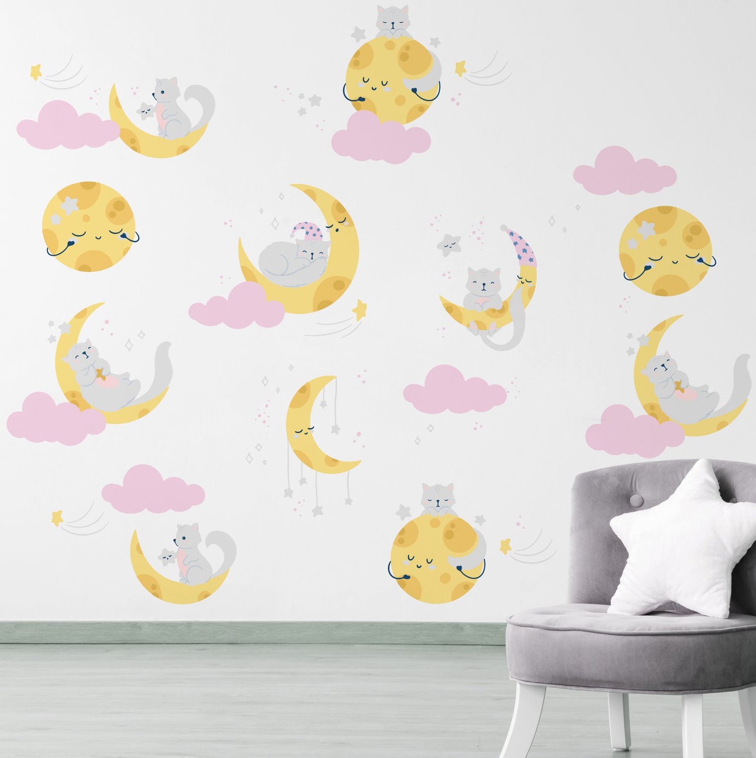 Vinilo Decorativo Adhesivo Gatos Y Lunas Niñas Impresión