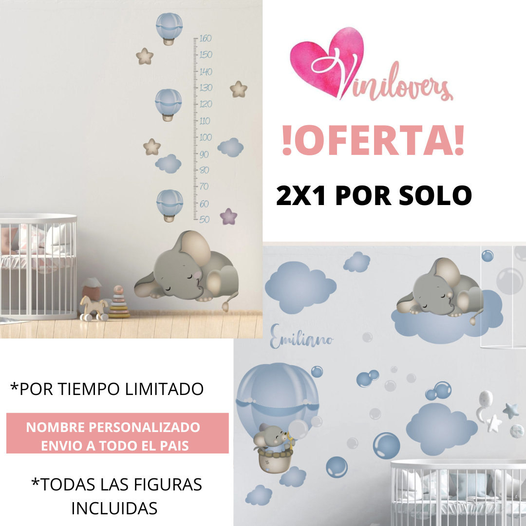 Vinilos decorativos para bebe elefantes globos estrellas nubes medidor