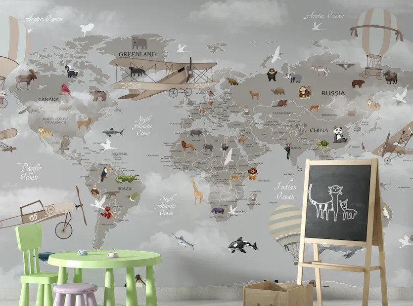 mural mapamundi aviones globos animales