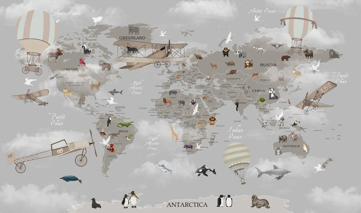 mural mapamundi aviones globos animales