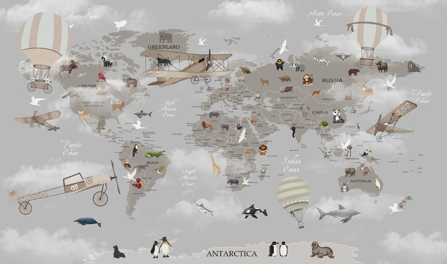 mural mapamundi aviones globos animales