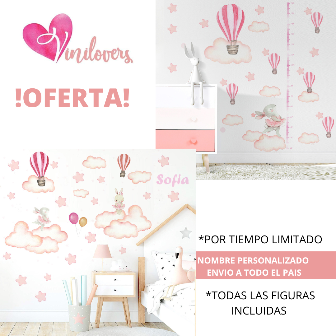 Vinilos Adhesivos para bebe niñas conejas nubes globos nombre personalizado