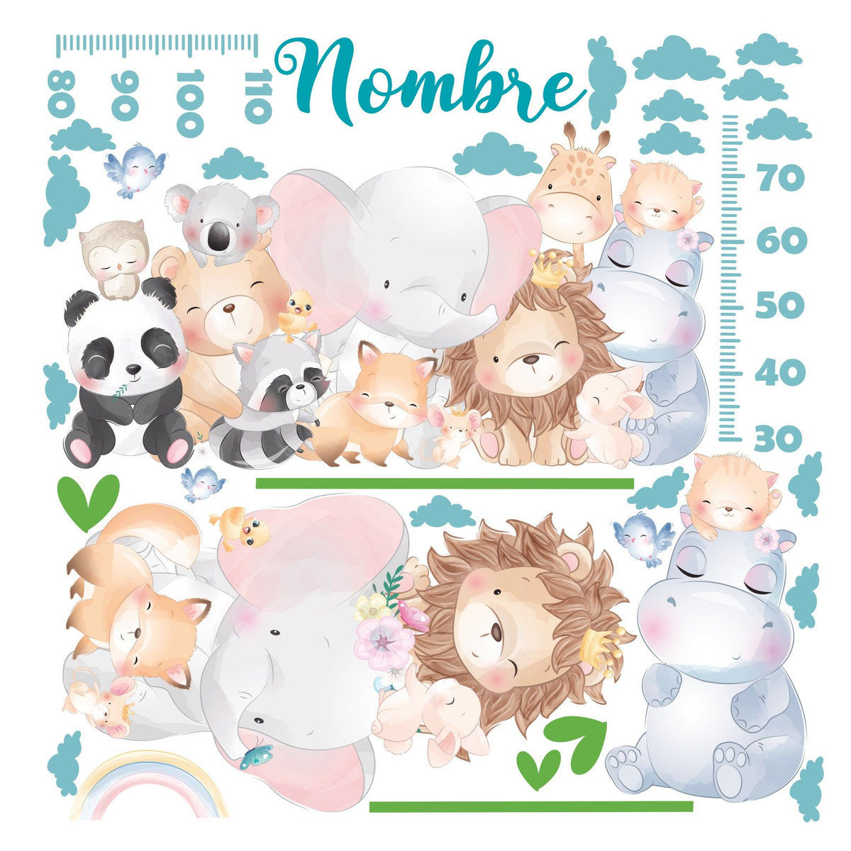 Vinilo Medidor animales niño y safari nubes y nombre personalizado