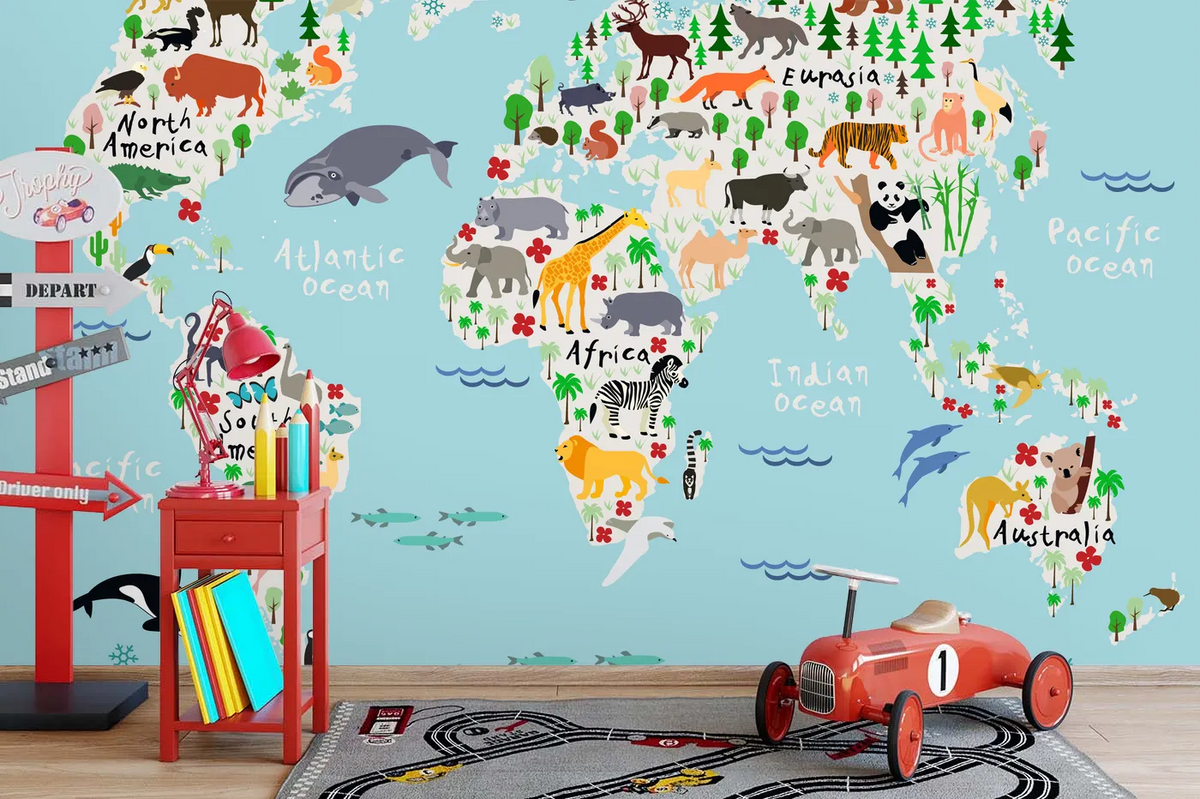 Vinilo Mural Fotomural Papel Tapiz Infantil Mapamundi Mapa Animales