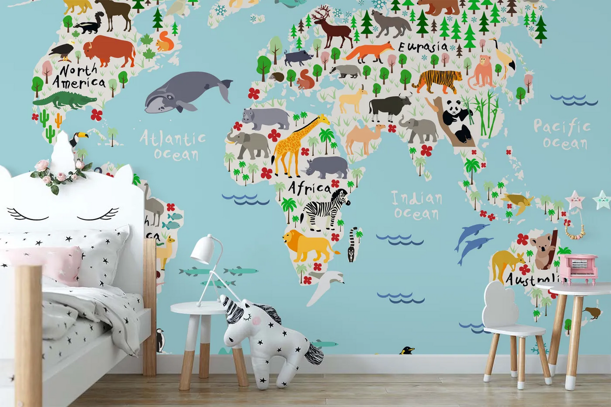 Vinilo Mural Fotomural Papel Tapiz Infantil Mapamundi Mapa Animales