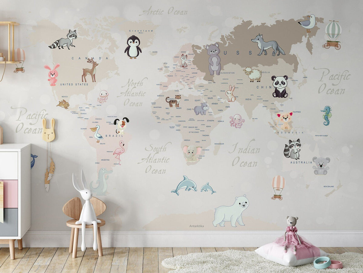 Papel Tapiz Papel de Colgadura Adhesivo Mapa Animales