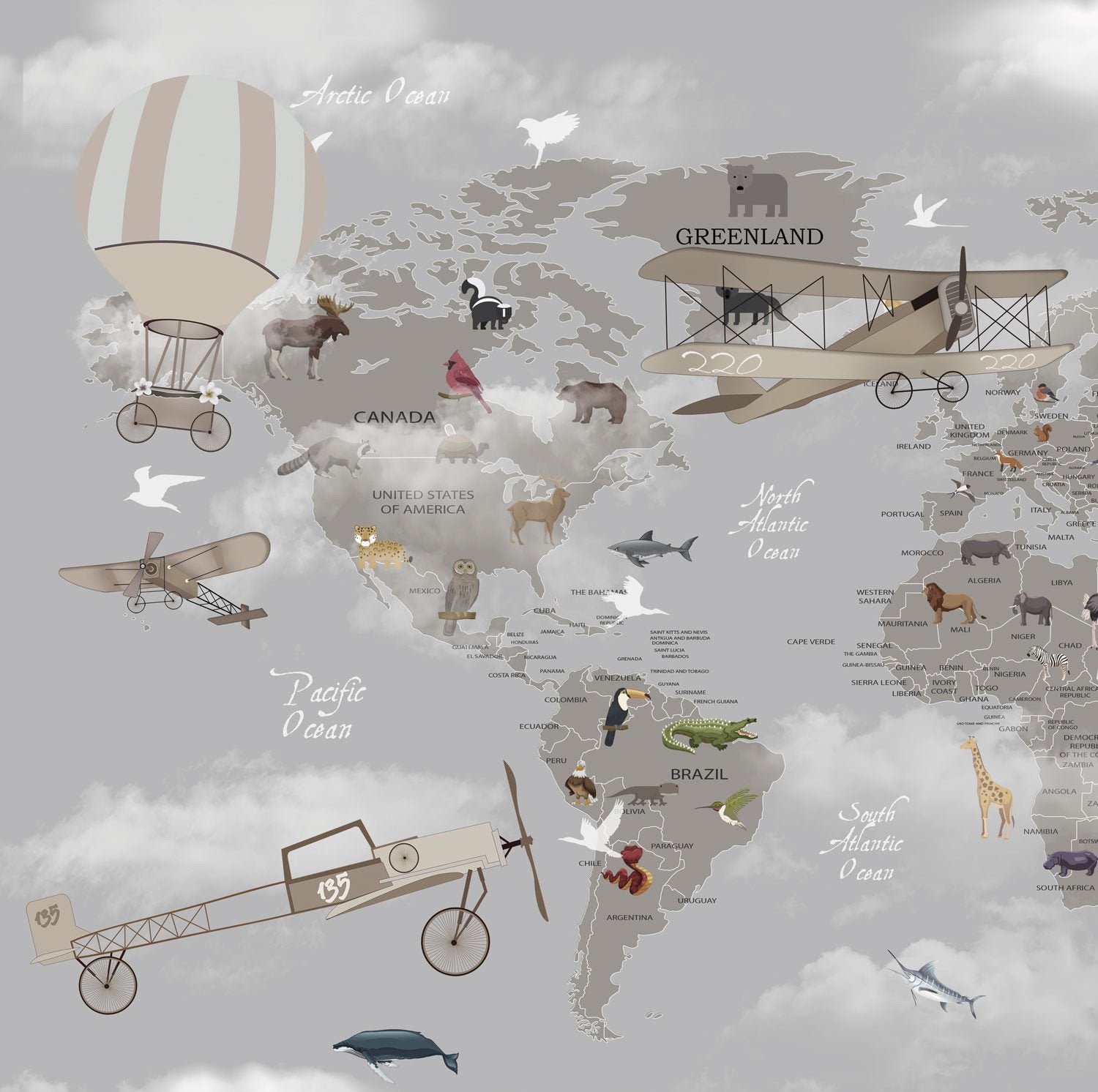 papel tapiz mapamundi aviones globos animales