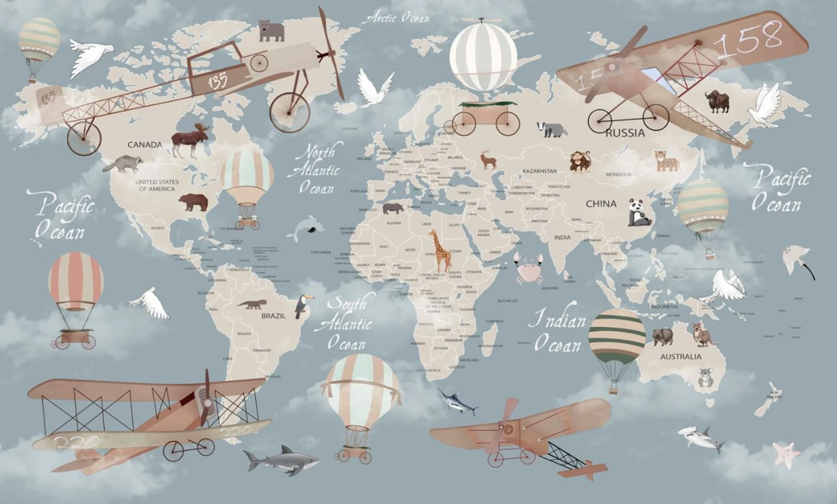 Papel tapiz adhesivo Mapa Mundo de Animales Aviones y Globos