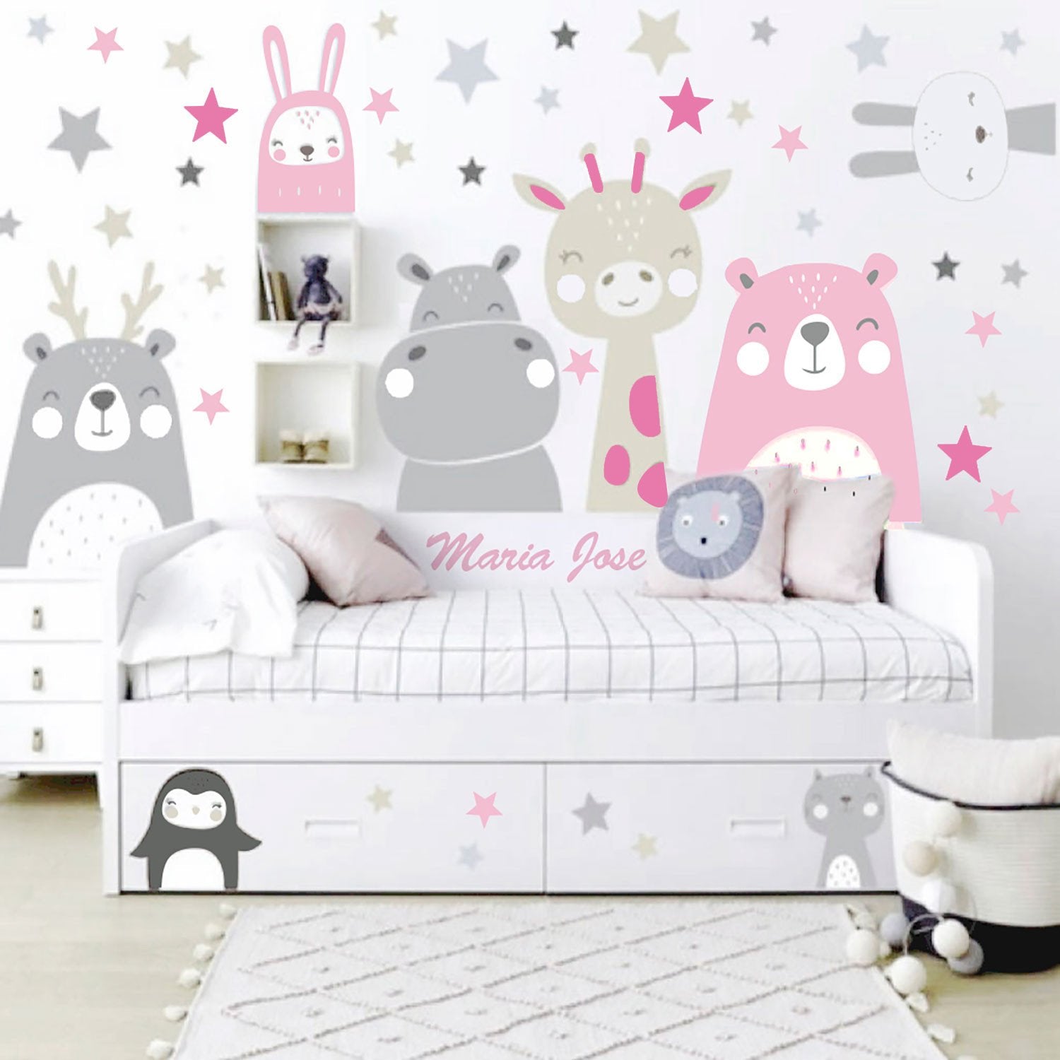 Vinilo Adhesivo Cabezas de Animalitos Estrellas Nombre