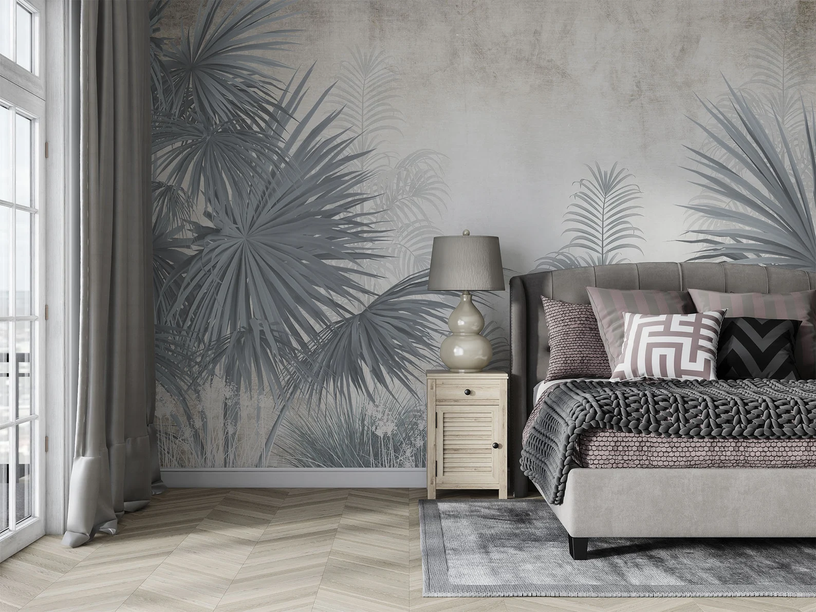 Papel Tapiz Adhesivo de Plantas Tropicales Grises