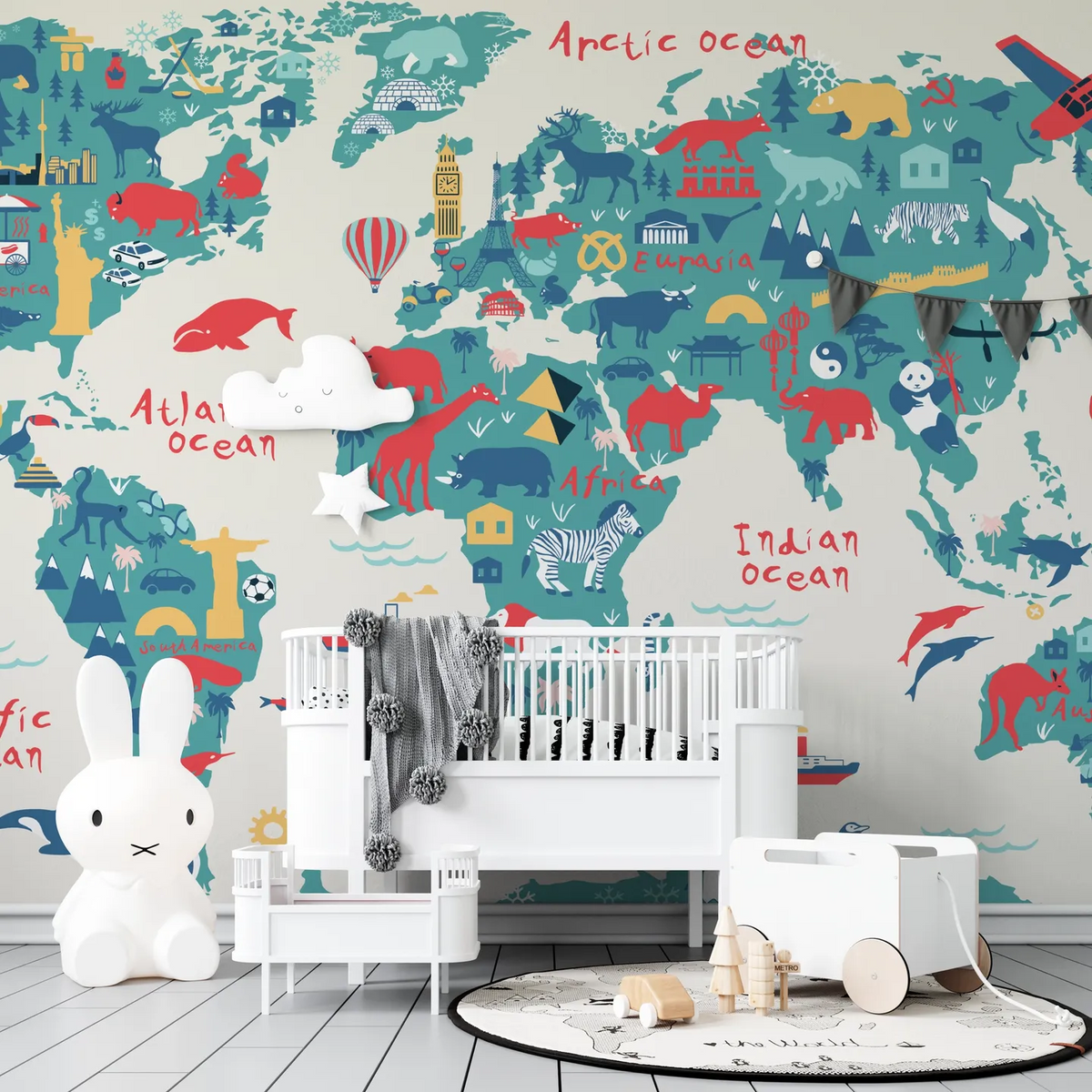 Papel Tapiz "Mapa Mundial Animales y Monumentos"