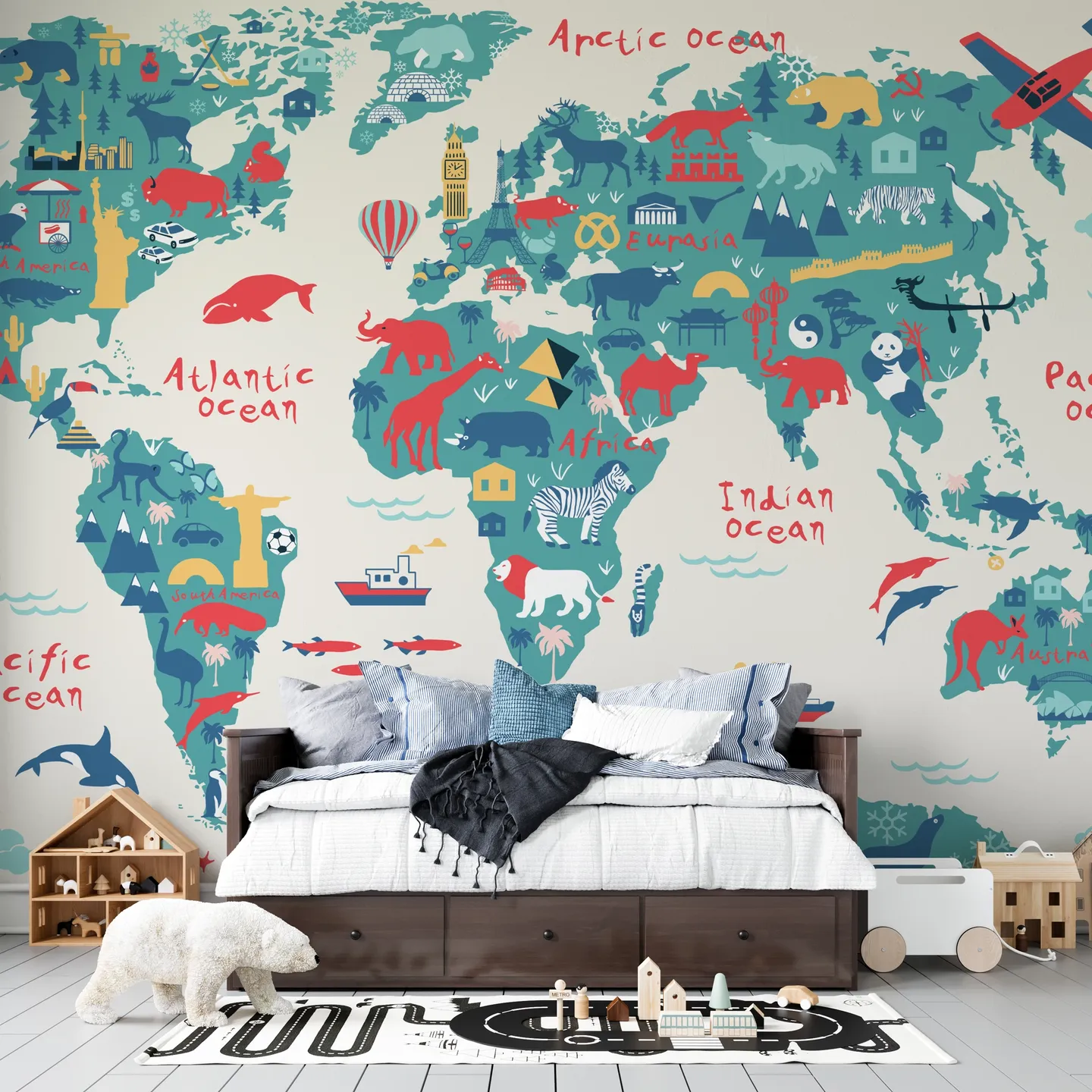 Papel Tapiz "Mapa Mundial Animales y Monumentos"