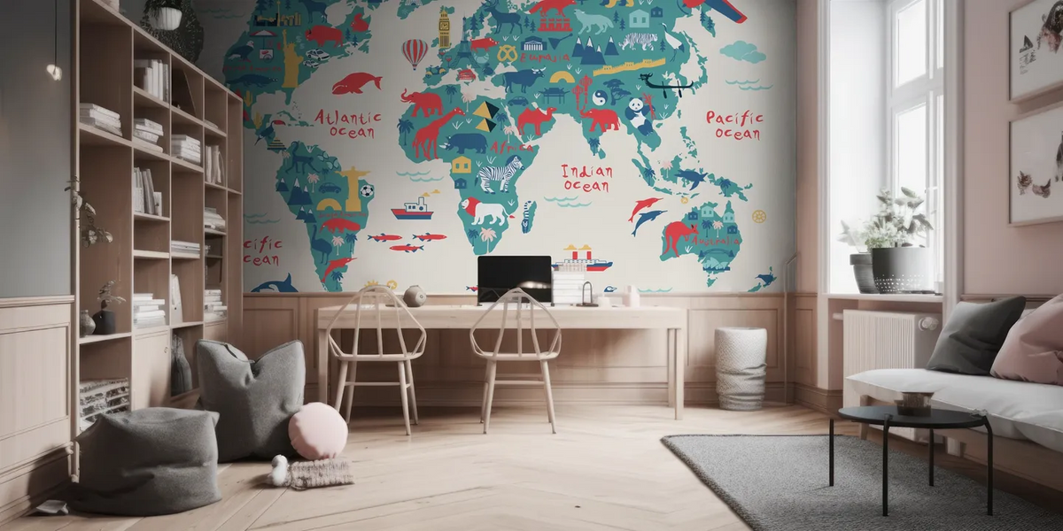 Papel Tapiz "Mapa Mundial Animales y Monumentos"