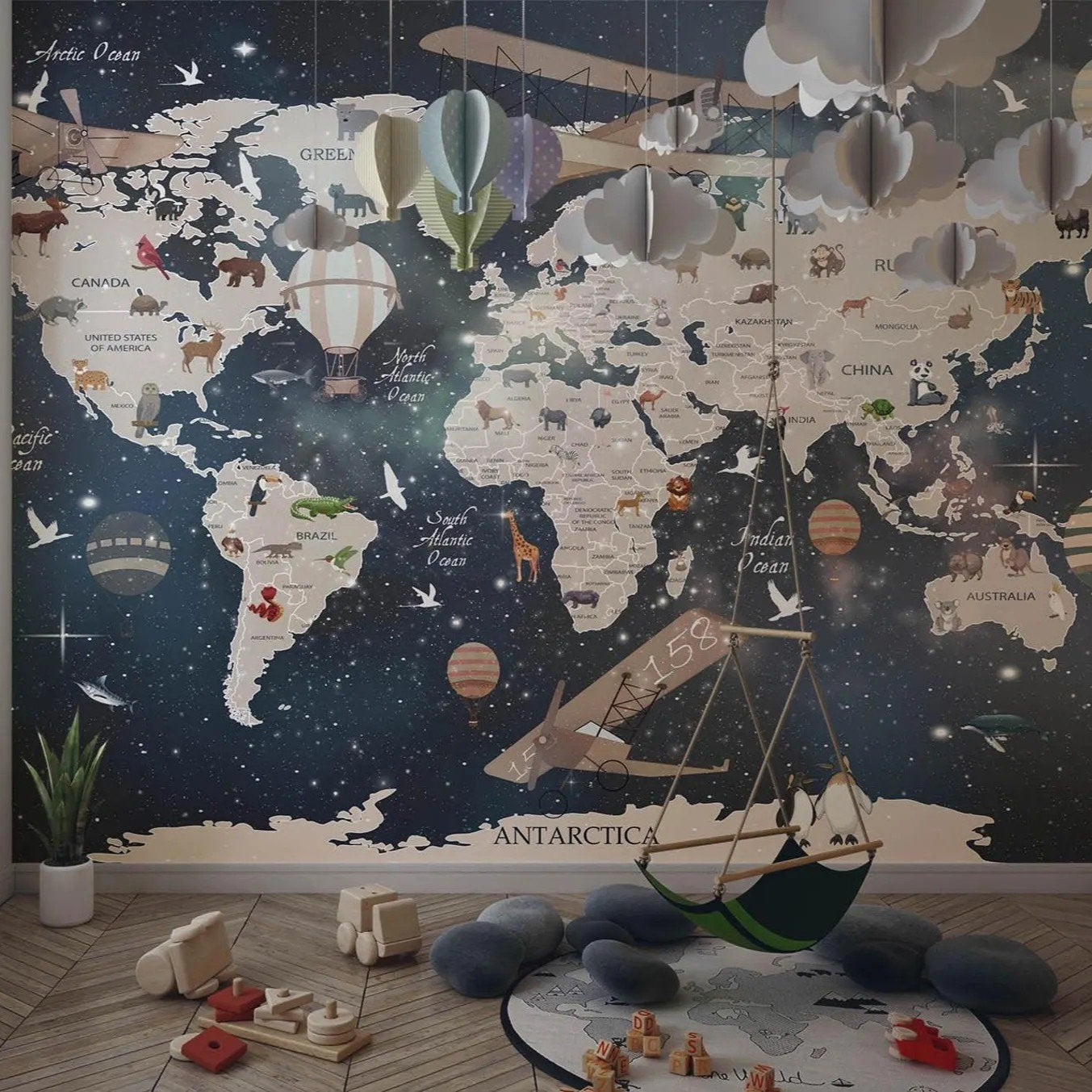 Papel tapiz adhesivo Mapamundi Espacio Planetas