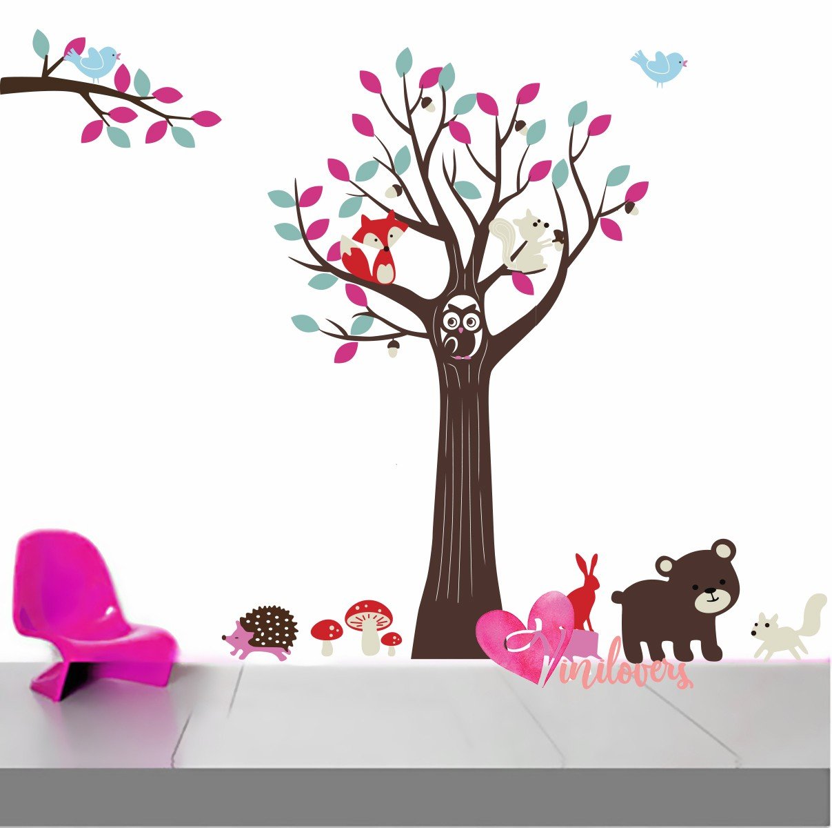 Murales adhesivos infantiles arbol oso erizo buho conejo zorro Colombia Bogota Medellin Cali Barranquilla Bucaramanga Cartagena