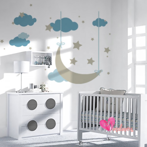 Adhesivo de vinilo personalizado con nombre y estrellas iniciales, nubes,  bebé, niño y niña, para guardería, múltiples opciones de fuente, decoración