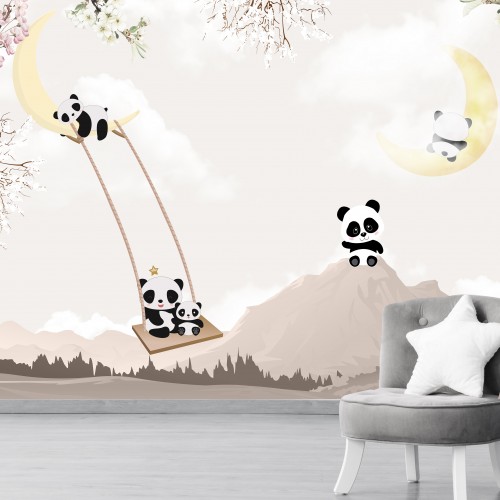 Mural Decorativo Pandas y Lunas Impresión