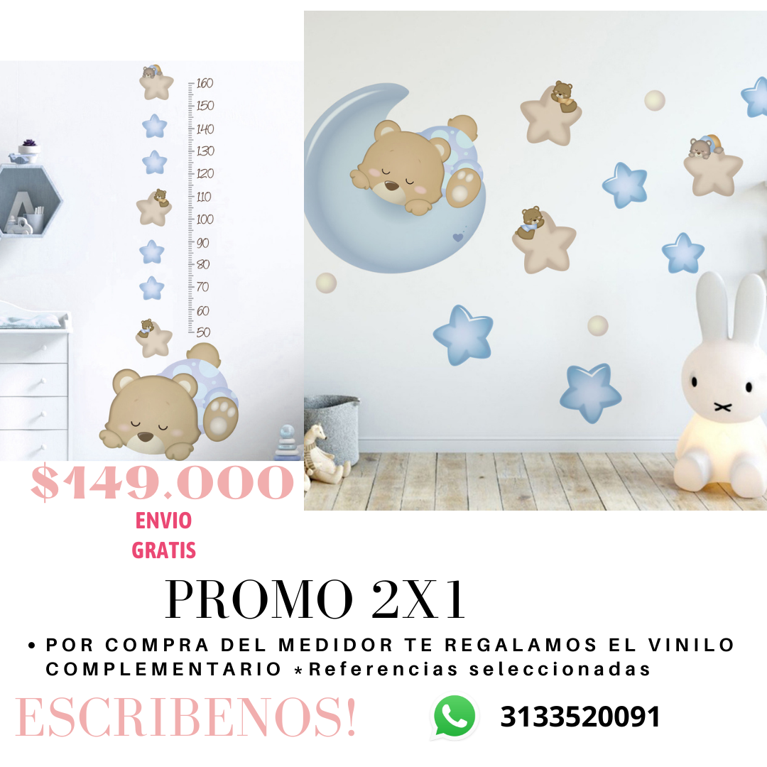 Vinilo Decorativo Pared Infantil, Ositos Luna Rosa, Varias Medidas  130x130cm, Adhesivo Resistente y de Facil Aplicación, Multicolor