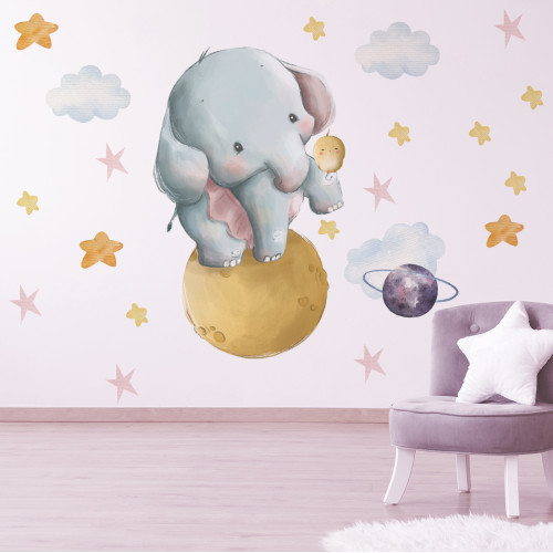 Vinilo Decorativo Adhesivo Elefante Y Pájaro Estrellas Nubes Planetasecorativo Adhesivo Elefanta Y Pájaro Impresión