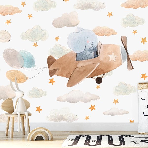 Papel Tapiz Vinilo Mural Avion Elefante Estrellas Nubes 