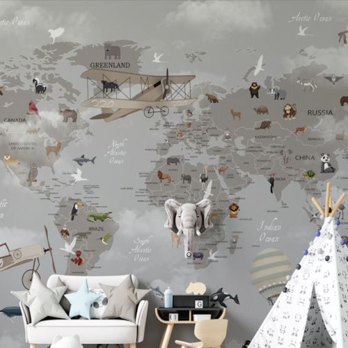 mural mapamundi aviones globos animales