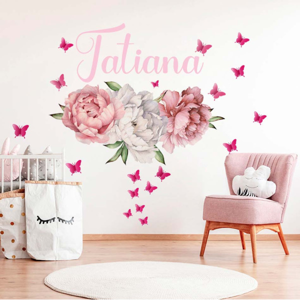 Vinilo decorativo adhesivo sticker de mariposas flores acuarela y nombre personalizado