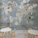 Papel tapiz adhesivo Mapa Mundo de Animales Aviones y Globos