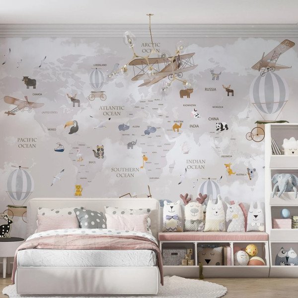 Papel tapiz adhesivo  Mapas con Animales Infantiles