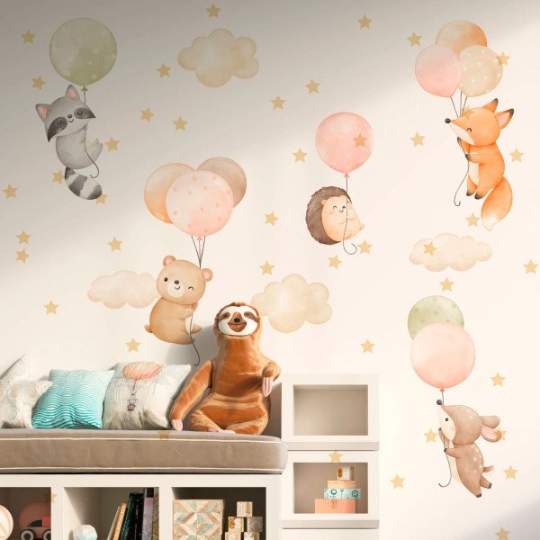 Papel Tapiz Vinilo: Globos, Animales Voladores, Nubes, Estrellas