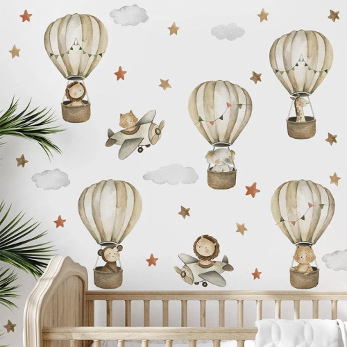 Papel Tapiz Vinilo: Cielo de Globos, Nubes, Animales  y Estrellas