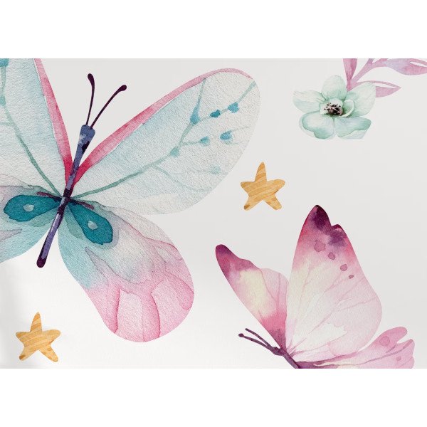 Papel Tapiz Acuarela: Mariposas, Flores y Estrellas