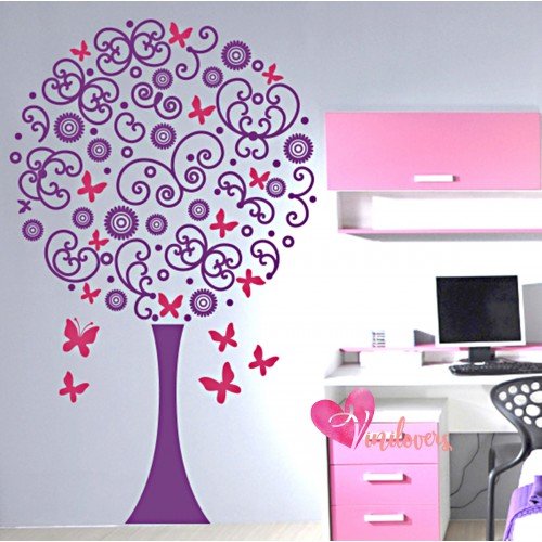 Vinilo Decorativo Adhesivo Arbol Con Flores Y Mariposas