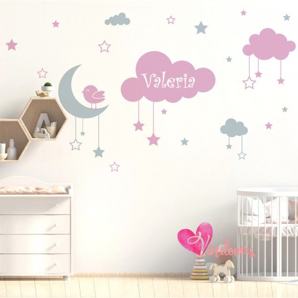 Vinilos decorativos infantiles cielo nubes nombre  bebes