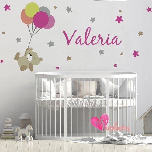 Vinilo Decorativo Adhesivo Oso Globos Estrellas Niña