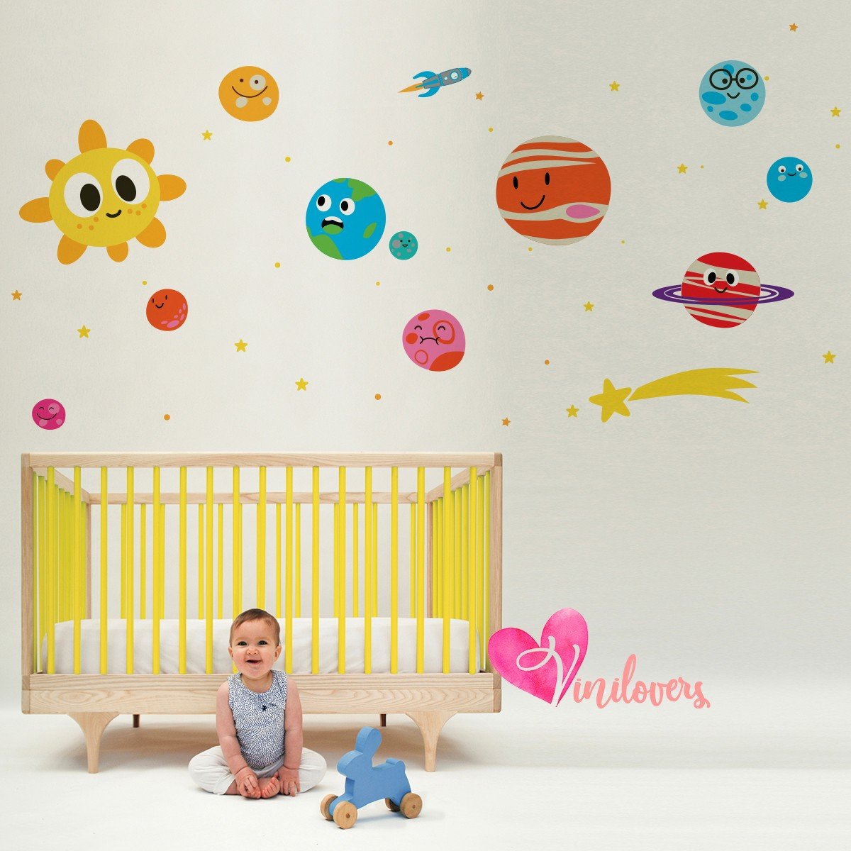 Vinilos decorativos infantiles bebes planetas cohetes estrellas