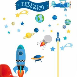 Adhesivos infantiles vinilos space panetas cohetes nombres impresos Colombia Bogota Medellin Cali Barranquilla Bucaramanga