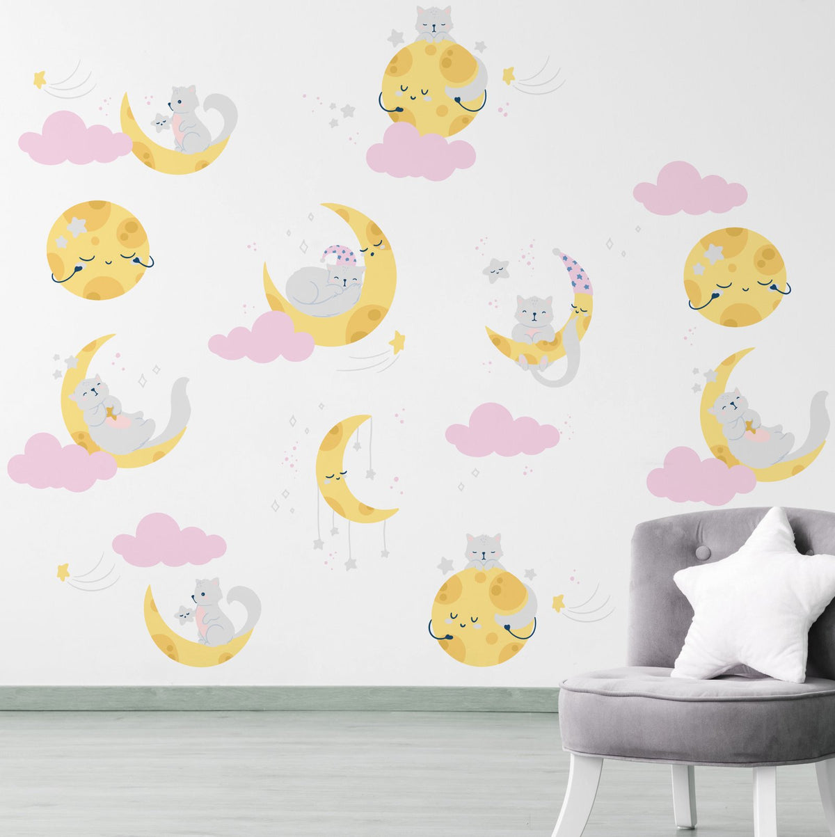 Vinilo Decorativo Adhesivo Gatos Y Lunas Niñas Impresión