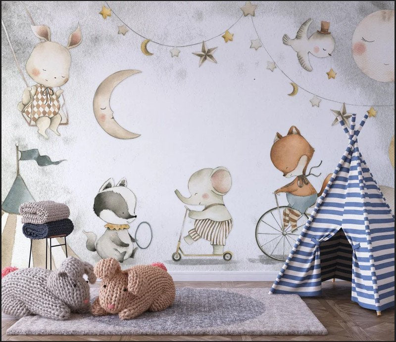 Mural Adhesivo Animales Acuarela Retro