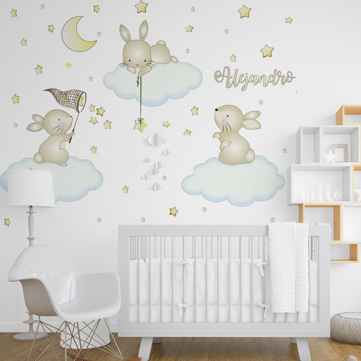 Vinilo infantil conejos nubes estrellas luna nombre personalizado