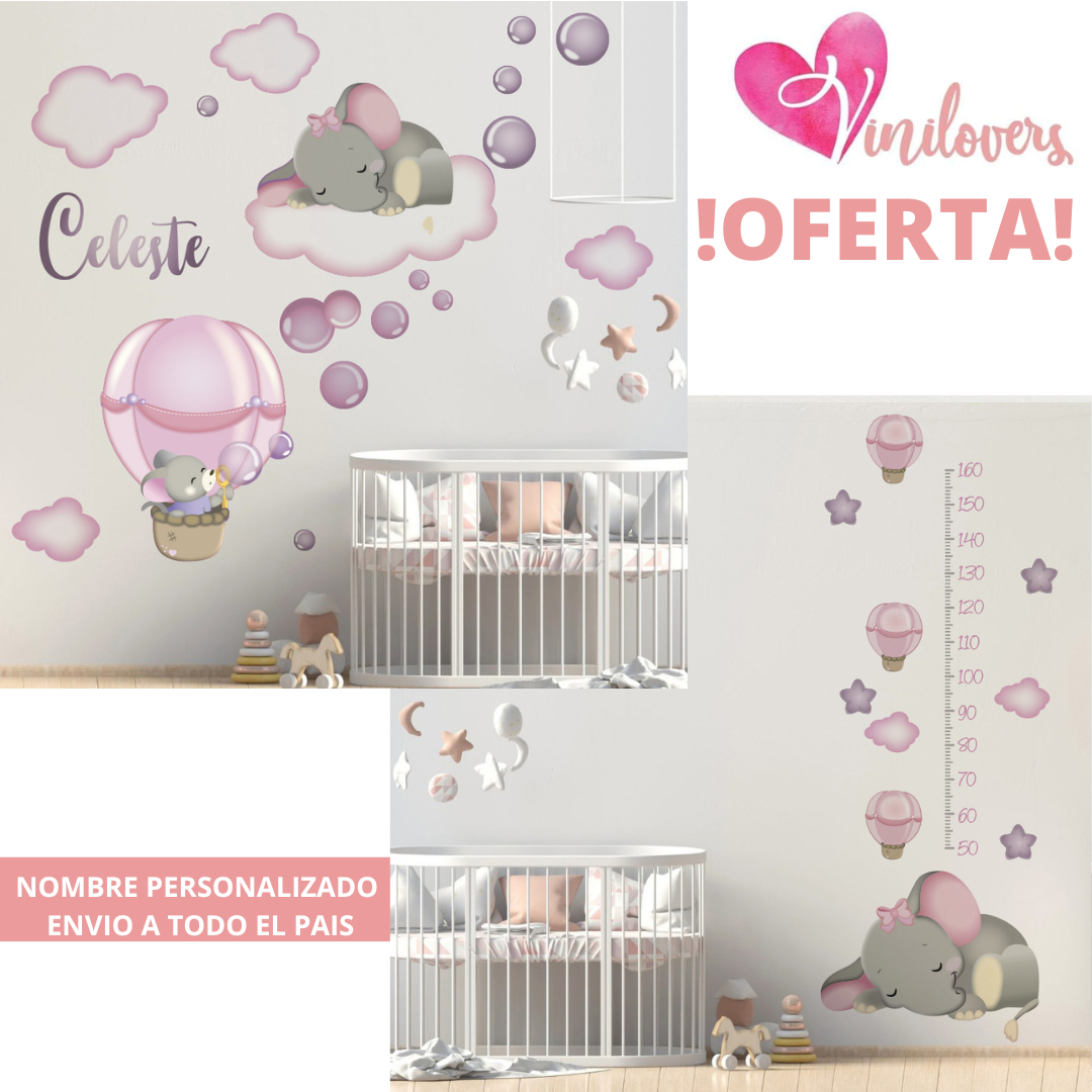 Vinilos Adhesivos infantiles elefantes globos nombre personalizado