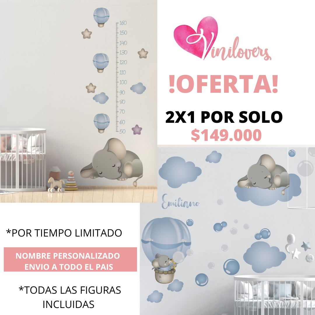 Vinilos decorativos para bebe elefantes globos estrellas nubes medidor