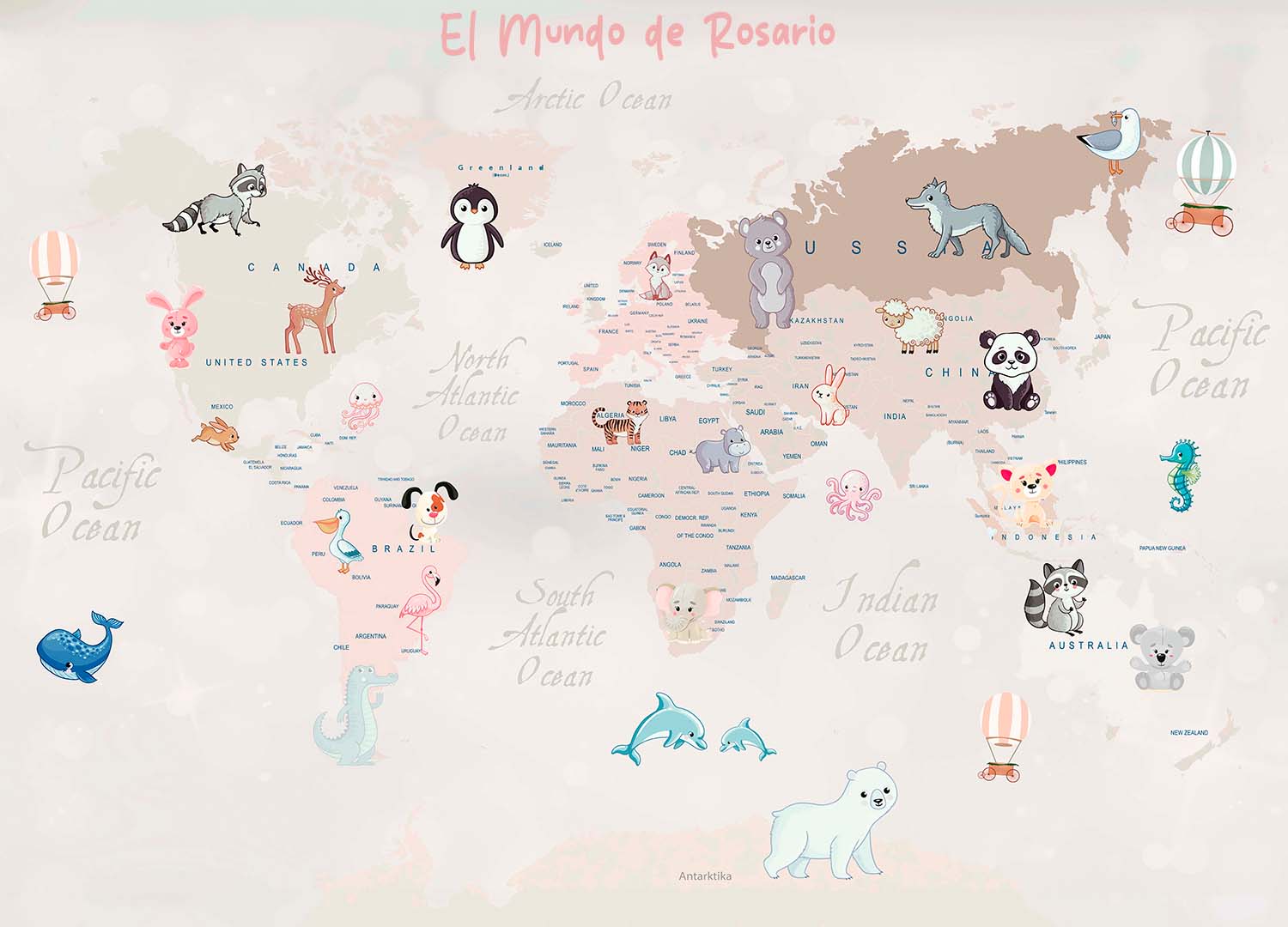 Papel Tapiz Cotizar a Medida Mapa de Animales tiernos del Mundo