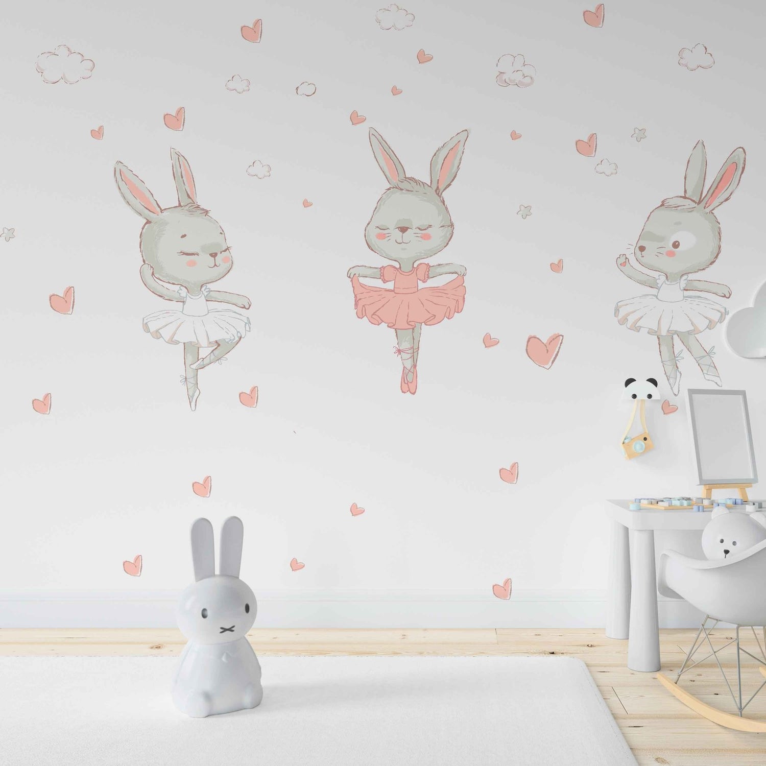Vinilo Decorativo Adhesivo Bailarinas Conejas Nubes Corazones y Nombre Personalizado