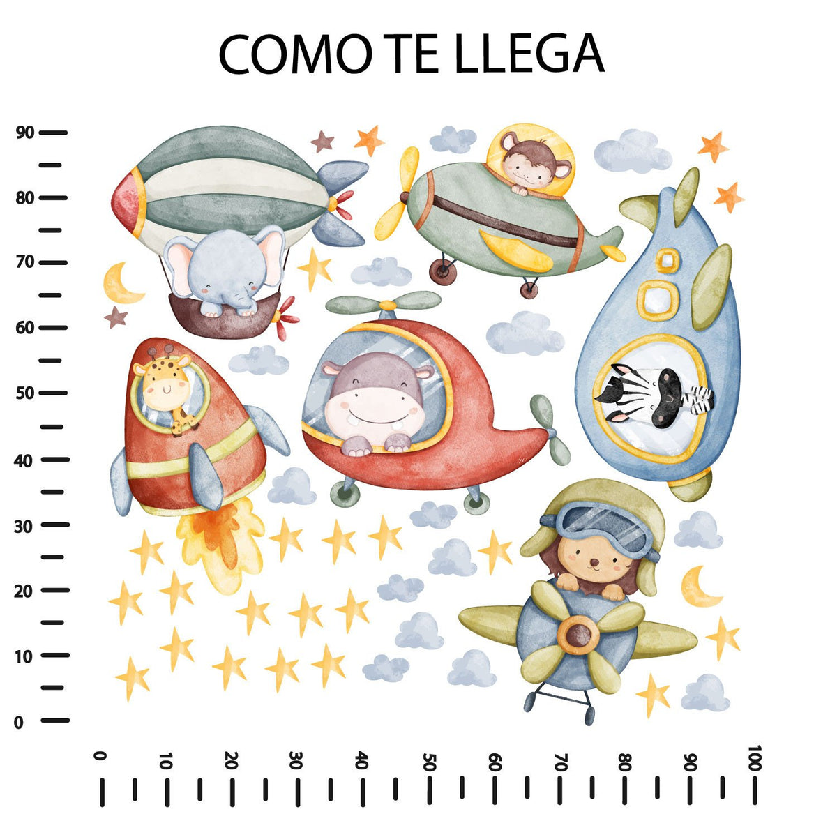 Vinilo Animales nubes estrellas globo aviones y nave