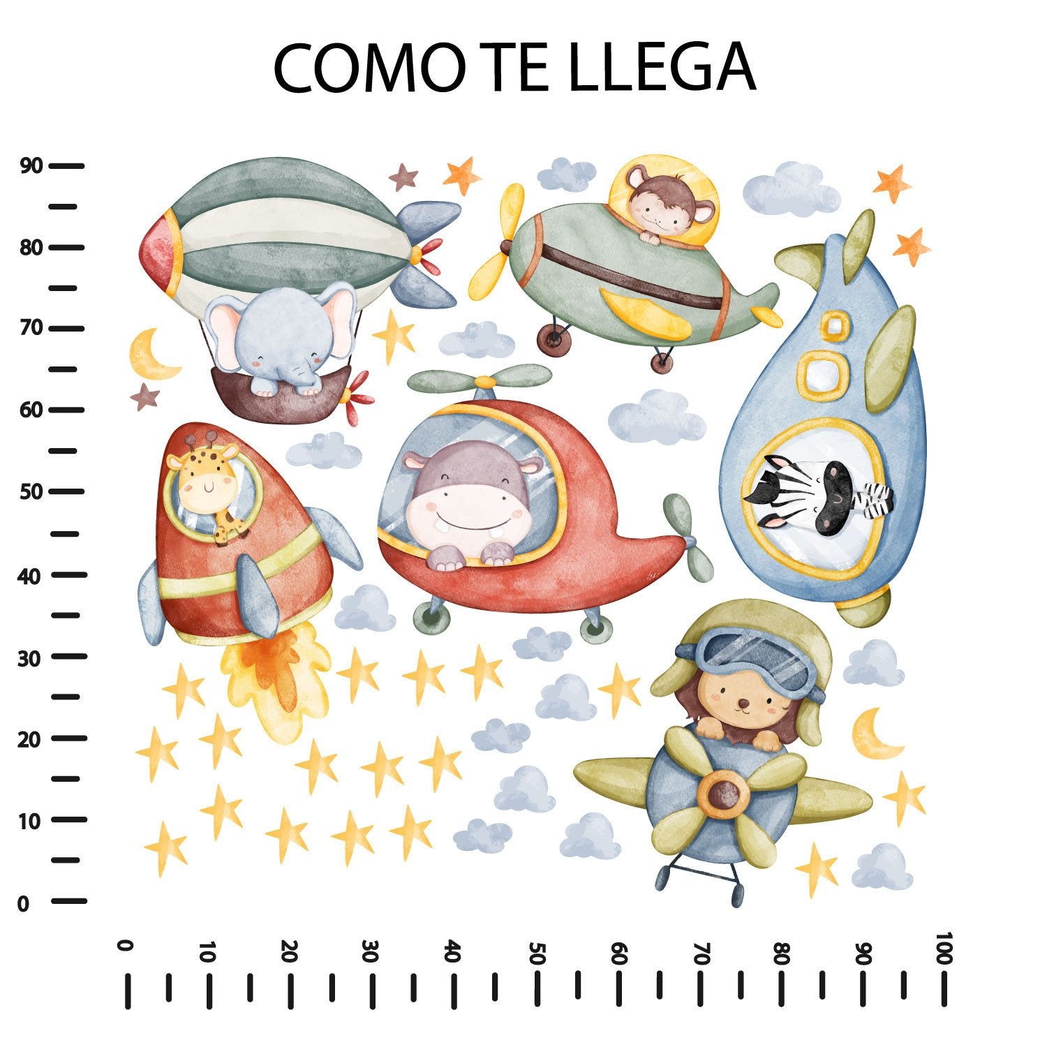 Vinilo Animales nubes estrellas globo aviones y nave