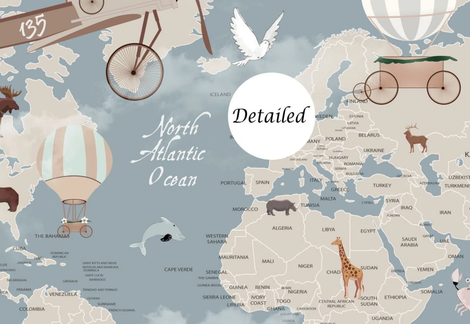Papel tapiz adhesivo Mapa Mundo de Animales Aviones y Globos