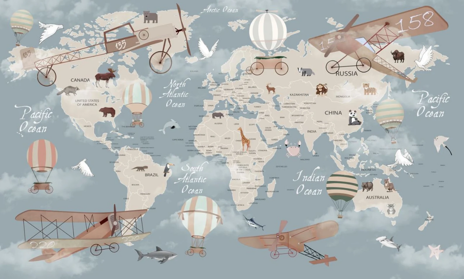 Papel tapiz adhesivo Mapa Mundo de Animales Aviones y Globos