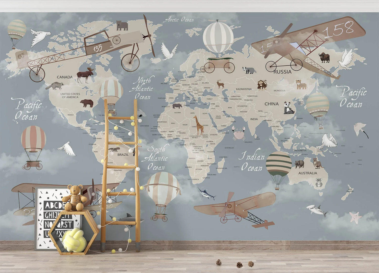 Papel tapiz adhesivo Mapa Mundo de Animales Aviones y Globos
