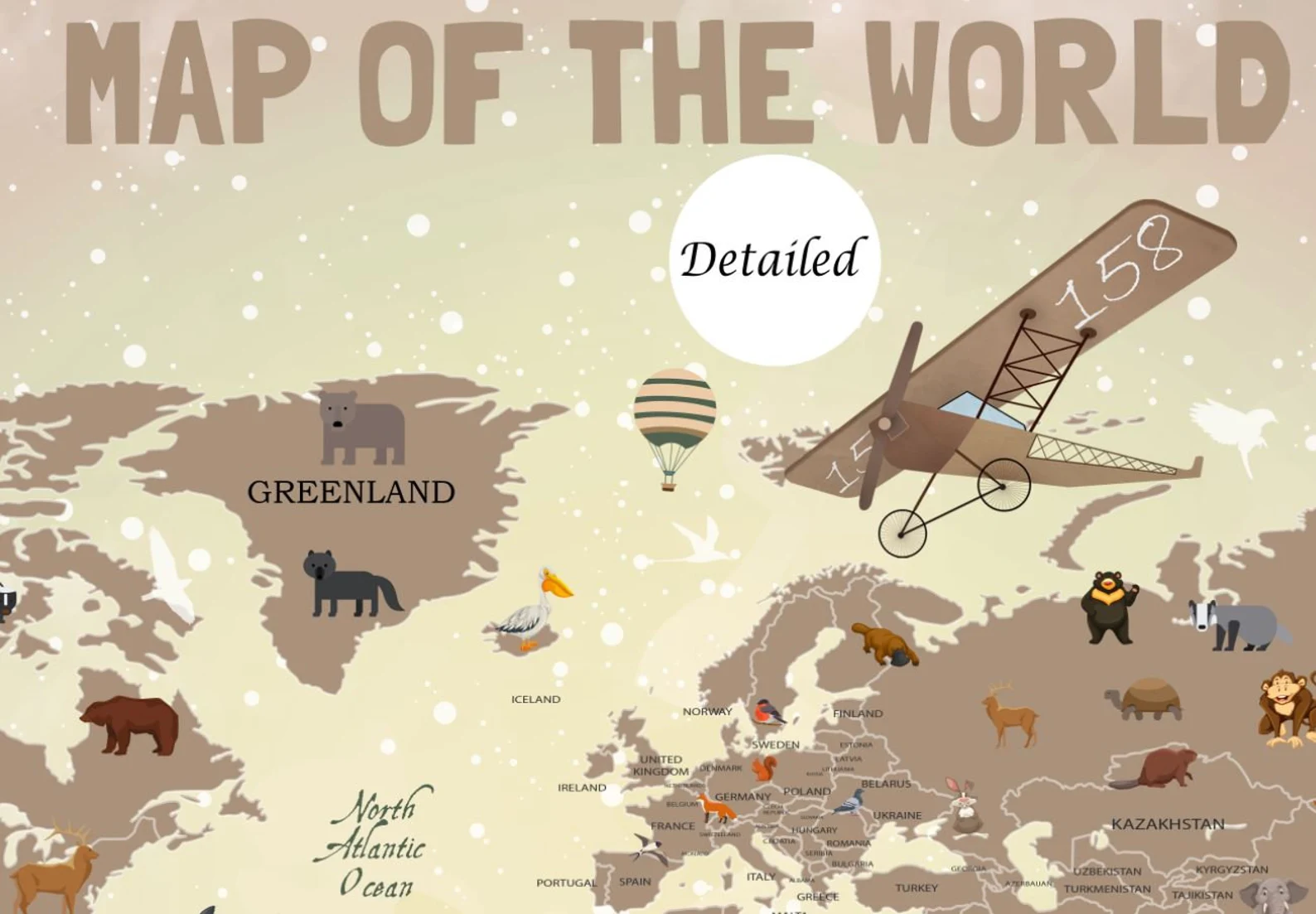 Papel tapiz adhesivo Mapa del Mundo Animales Infantil