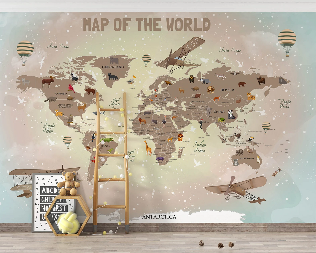 Papel tapiz adhesivo Mapa del Mundo Animales Infantil